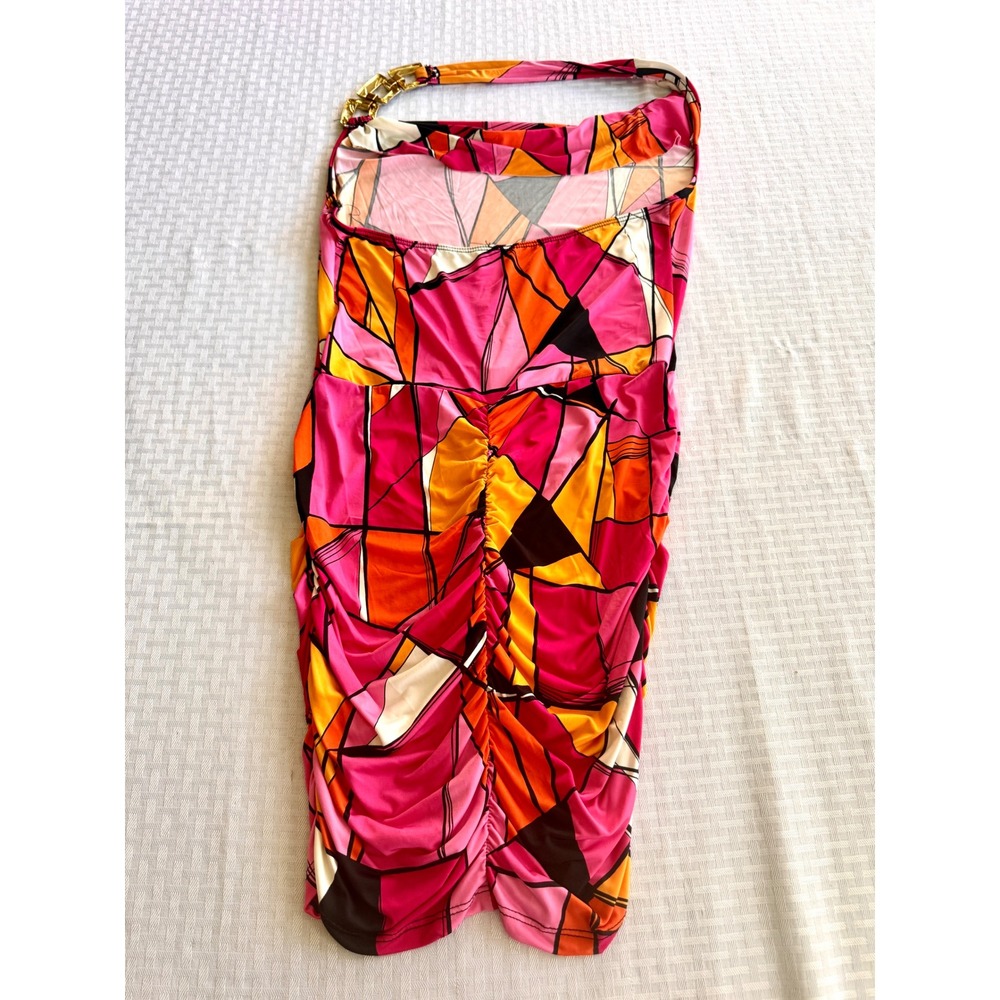 Juju & B Pink Geometric Halter Mini Dress Gold Chain Ruched Bodycon Size L - Picture 5 of 11